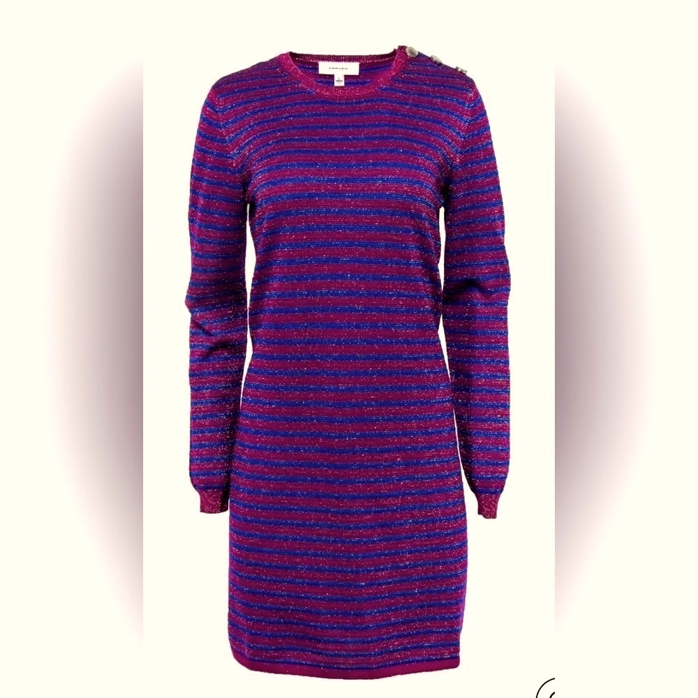 Carven Blue & Purple Striped Metallic Knitted Sweater Cocktail Dress